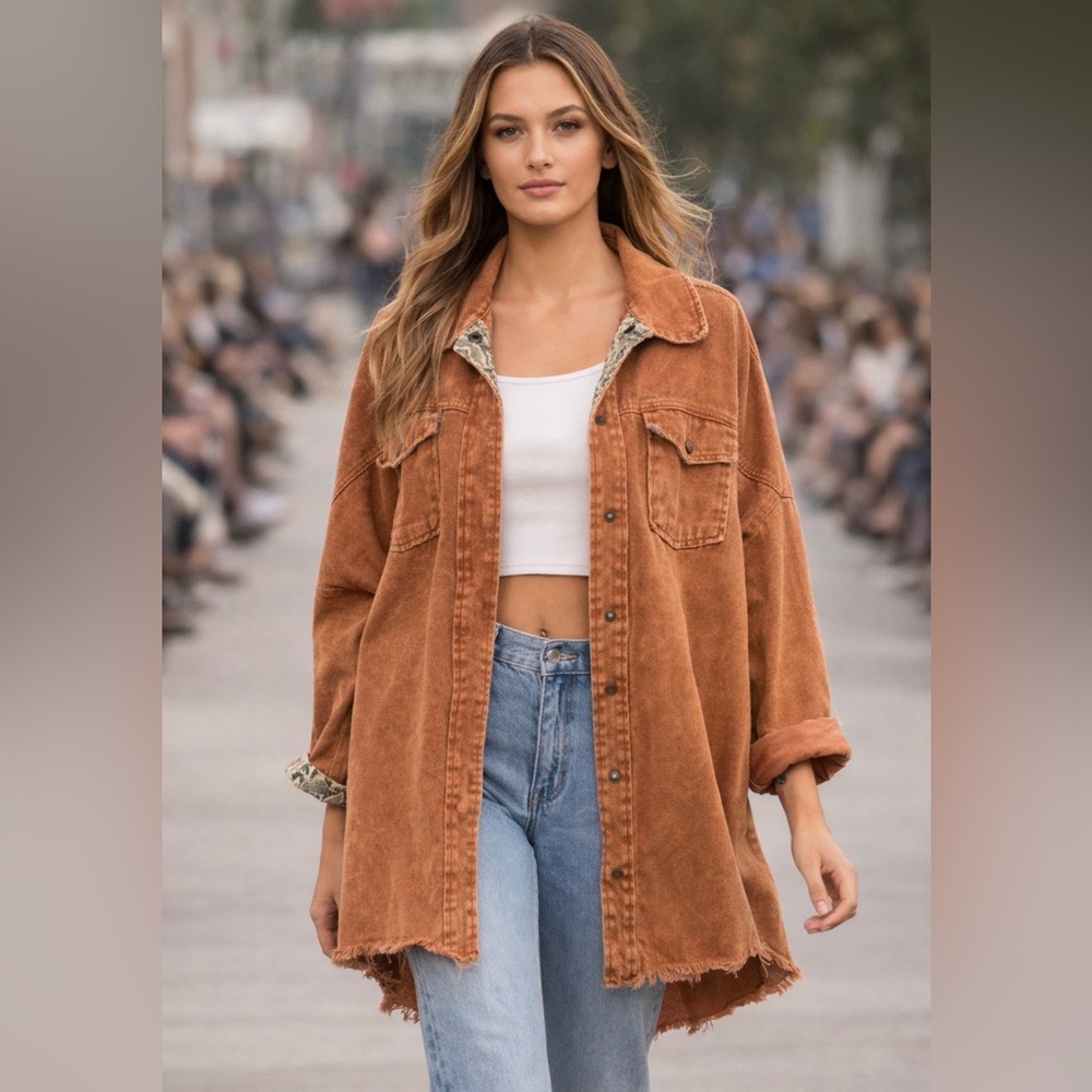 She and Sky Rust Brown Oversized High Low Frayed Snap Jean Shacket Womens Size L